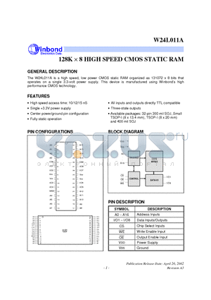 W24L011AI-10 datasheet - 128K X 8 High Speed CMOS Static RAM