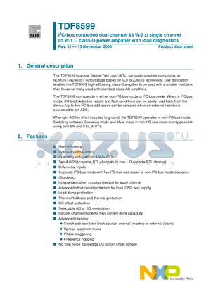 TDF8599TH datasheet - I2C-bus controlled dual channel 43 W/2 W single channel 85 W/1 W class-D power amplifier with load diagnostics