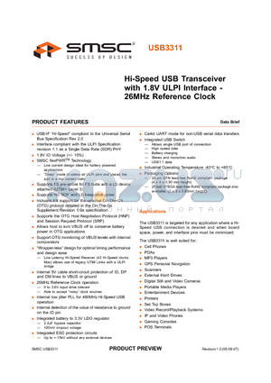 USB3311 datasheet - Hi-Speed USB Transceiver with 1.8V ULPI Interface - 26MHz Reference Clock