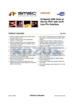 USB3300-EZK datasheet - HI SPEED USB HOST OR DEVICE PHY WITH ULPI LOW PIN INTERFACE