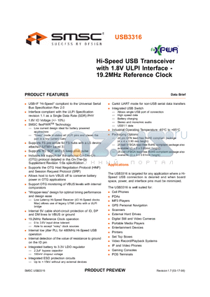 USB3316 datasheet - Hi-Speed USB Transceiver with 1.8V ULPI Interface - 19.2MHz Reference Clock