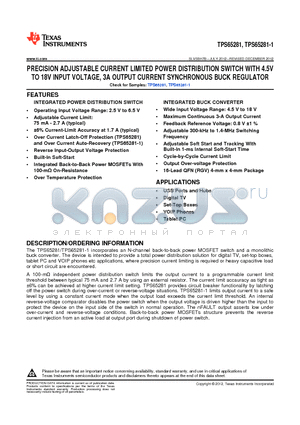 TPS65281RGVT datasheet - PRECISION ADJUSTABLE CURRENT LIMITED POWER DISTRIBUTION SWITCH WITH 4.5V TO 18V INPUT VOLTAGE, 3A OUTPUT CURRENT SYNCHRONOUS BUCK REGULATOR