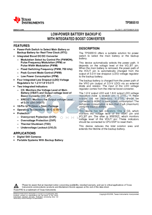 TPS65510 datasheet - LOW-POWER BATTERY BACKUP IC WITH INTEGRATED BOOST CONVERTER