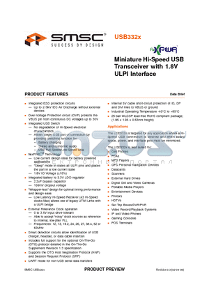 USB3324A-GL-TR datasheet - Miniature Hi-Speed USB Transceiver with 1.8V ULPI Interface