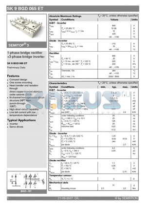 SK9BGD065ET datasheet - 1-phase bridge rectifier 3-phase bridge inverter