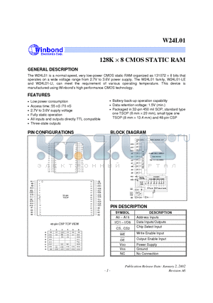 W24L01Q-70LI datasheet - 128K X 8 CMOS STATIC RAM