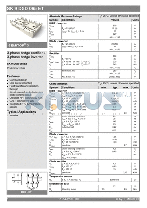 SK9DGD065ET datasheet - 3-phase bridge rectifier  3-phase bridge inverter