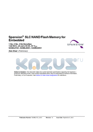 S34ML01G104BFI000 datasheet - Spansion^ SLC NAND Flash Memory for Embedded