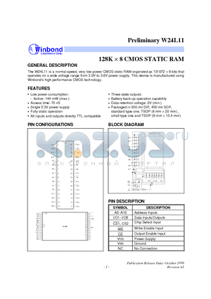 W24L11-70LL datasheet - 128K X 8 High Speed CMOS Static RAM