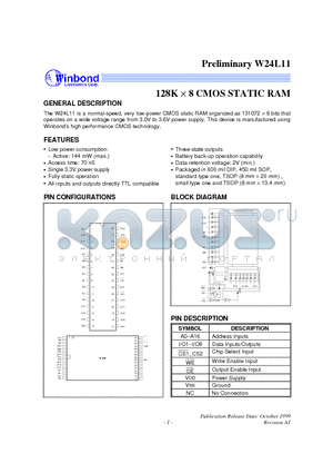 W24L11Q-70L datasheet - 128K X 8 High Speed CMOS Static RAM