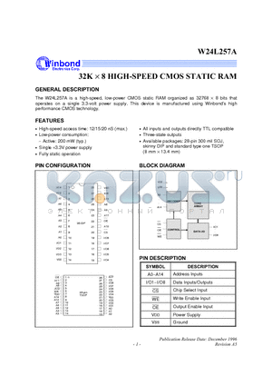 W24L257A-12 datasheet - 32K X 8 High Speed CMOS Static RAM