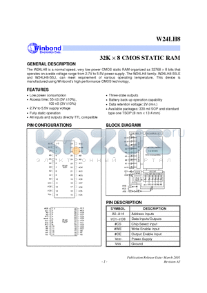 W24LH8Q-55LE datasheet - Normal speed, Very low power CMOS static RAM Organized as 32768 x 8 bits