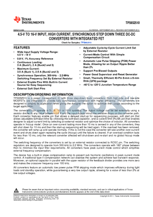 TPS652510RHAT datasheet - 4.5-V TO 16-V INPUT, HIGH CURRENT, SYNCHRONOUS STEP DOWN THREE DC-DC CONVERTERS WITH INTEGRATED FET