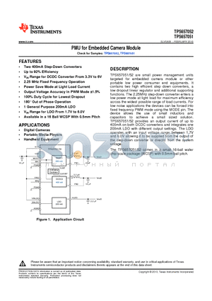 TPS657051YZHR datasheet - PMU for Embedded Camera Module