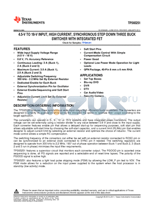 TPS65251RHAR datasheet - 4.5-V TO 18-V INPUT, HIGH CURRENT, SYNCHRONOUS STEP DOWN THREE BUCK SWITCHER WITH INTEGRATED FET