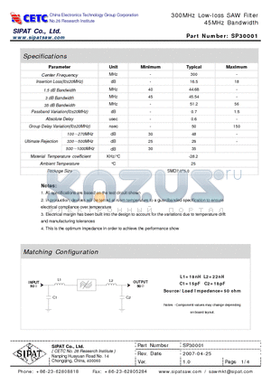 SP30001 datasheet - 300MHz Low-loss SAW Filter 45MHz Bandwidth