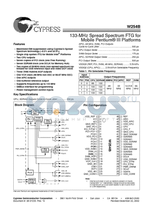 W254B datasheet - 133-MHz Spread Spectrum FTG for Mobile Pentium^ III Platforms