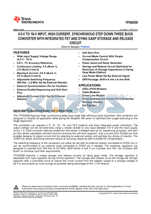 TPS65250RHAR datasheet - 4.5-V TO 18-V INPUT, HIGH CURRENT, SYNCHRONOUS STEP DOWN THREE BUCK CONVERTER WITH INTEGRATED FET AND DYING GASP STORAGE AND RELEASE CIRCUIT