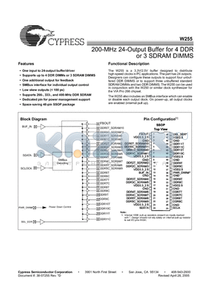 W255H datasheet - 200-MHz 24-Output Buffer for 4 DDR or 3 SDRAM DIMMS