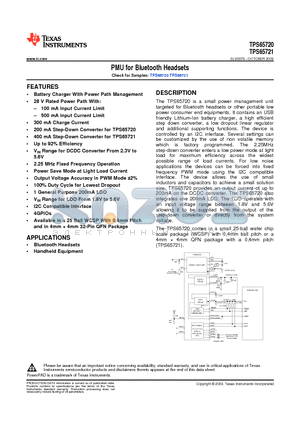 TPS65721RSNT datasheet - PMU for Bluetooth Headsets