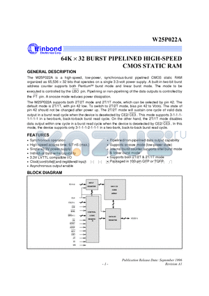 W25P022AD-6 datasheet - 64K X 32 BURST PIPELINED HIGH-SPEED CMOS STATIC RAM