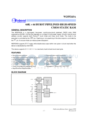 W25P243A datasheet - 64K X 64 BURST PIPELINED HIGH-SPEED CMOS STATIC RAM