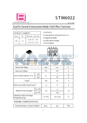 STM6922 datasheet - Dual N-Channel E nhancement Mode F ield E ffect Transistor