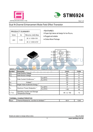 STM6924 datasheet - Dual N-Channel Enhancement Mode Field Effect Transistor