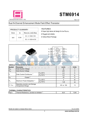 STM6914 datasheet - Dual N-Channel Enhancement Mode Field Effect Transistor