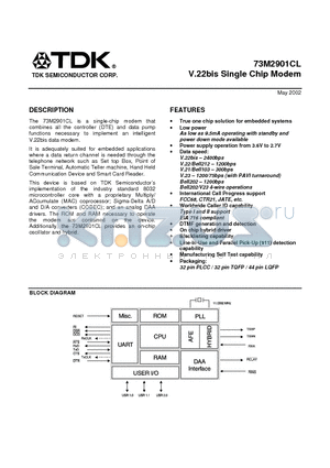 TDK-73M2901CL datasheet - V.22 BIS SINGLE CHIP MODEM