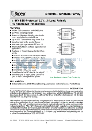 SP3070-3078E datasheet - 15kV ESD-Protected, 3.3V, 1/8 Load, Failsafe RS-485/RS422 Transceivers