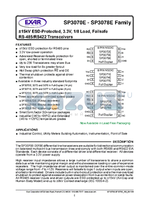 SP3070EEN-L/TR datasheet - a15kV ESD-Protected, 3.3V, 1/8 Load, Failsafe RS-485/RS422 Transceivers