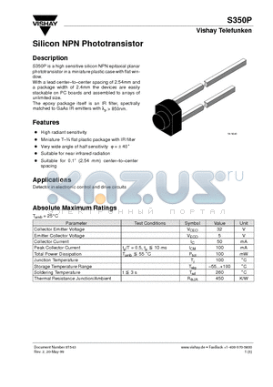 S350P datasheet - Silicon NPN Phototransistor