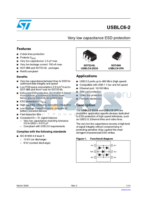 USBLC6-2 datasheet - Very low capacitance ESD protection