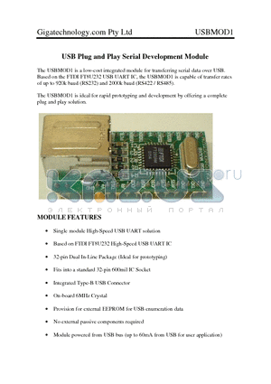 USBMOD1 datasheet - USB Plug and Play Serial Development Module