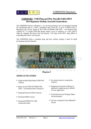 USBMOD4 datasheet - USB Plug and Play Parallel 8-Bit FIFO Development Module (Second Generation)