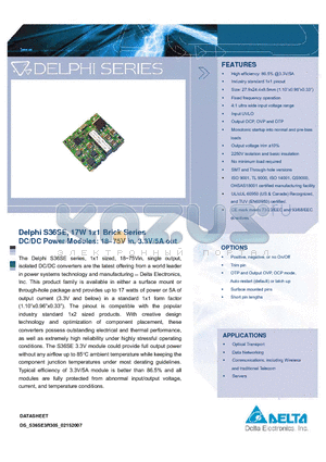 S36SE3R305PNFA datasheet - Delphi S36SE, 17W 1x1 Brick Series DC/DC Power Modules: 18~75V in, 3.3V/5A out