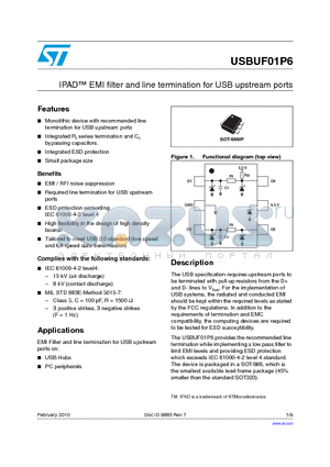 USBUF01P6_10 datasheet - IPAD EMI filter and line termination for USB upstream ports