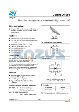 USBULC6-2F3 datasheet - Dual ultra low capacitance protection for high speed USB