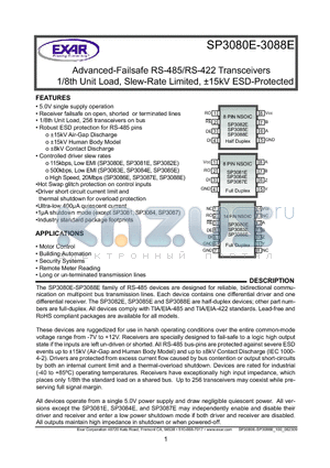 SP3080E datasheet - Advanced-Failsafe RS-485/RS-422 Transceivers 1/8th Unit Load, Slew-Rate Limited, a15kV ESD-Protected