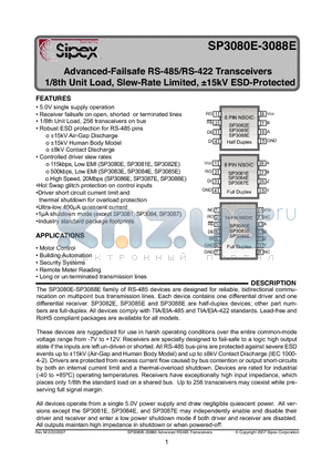 SP3082E datasheet - Advanced-Failsafe RS-485/RS-422 Transceivers 1/8th Unit Load, Slew-Rate Limited, a15kV ESD-Protected