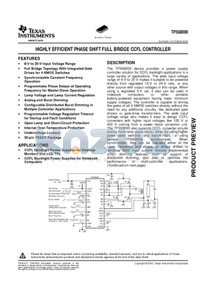TPS68000 datasheet - HIGHLY EFFICIENT PHASE SHIFT FULL BRIDGE CCFL CONTROLLER