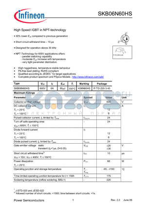 SKB06N60HS datasheet - High Speed IGBT in NPT-technology