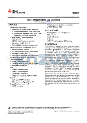 TPS65921BZQZR datasheet - Power Management and USB Single Chip