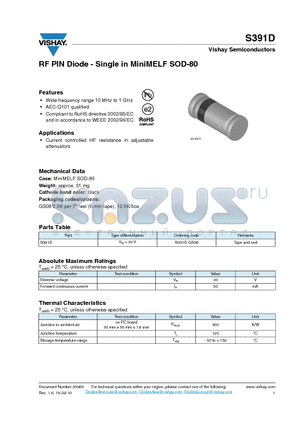 S391D-GS08 datasheet - RF PIN Diode - Single in MiniMELF SOD-80