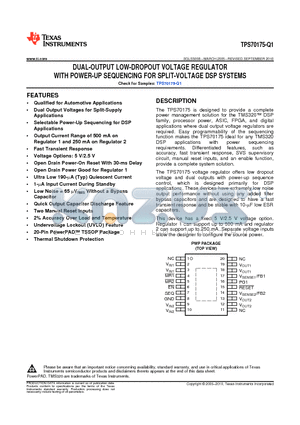 TPS70175QPWPRQ1 datasheet - DUAL-OUTPUT LOW-DROPOUT VOLTAGE REGULATOR WITH POWER-UP SEQUENCING FOR SPLIT-VOLTAGE DSP SYSTEMS