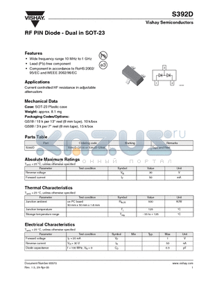 S392D-GS18 datasheet - RF PIN Diode - Dual in SOT-23