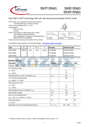 SKB15N60 datasheet - Fast IGBT in NPT-technology with soft, fast recovery anti-parallel EmCon diode