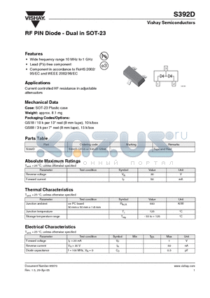 S392D-GS08 datasheet - RF PIN Diode - Dual in SOT-23