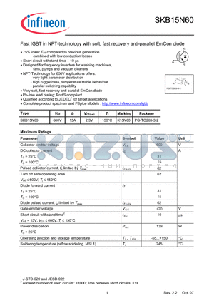 SKB15N60 datasheet - Fast IGBT in NPT-technology with soft, fast recovery anti-parallel EmCon diode